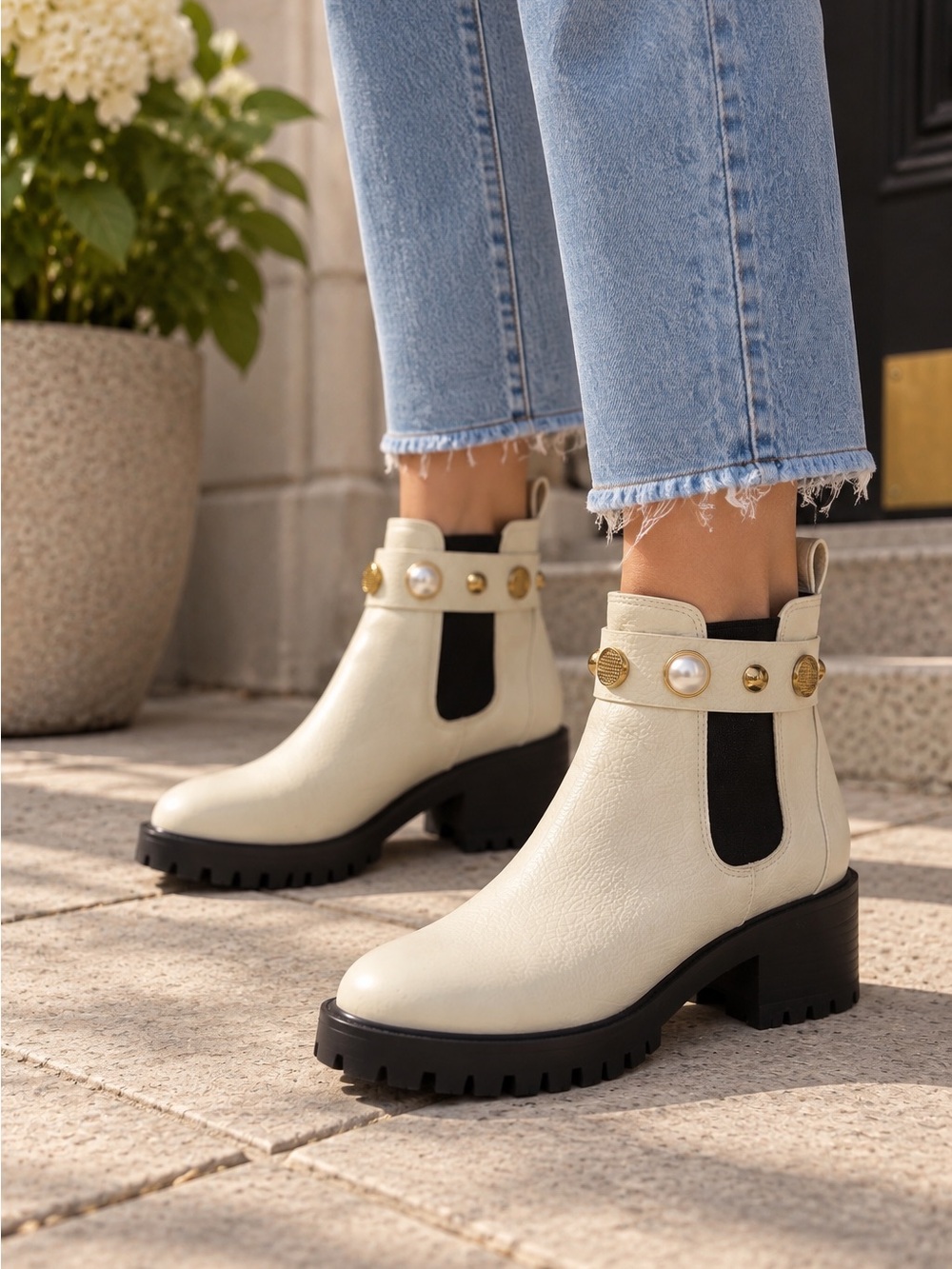 Karl Lagerfeld Cream Chelsea Booties with Gold and Pearl Studs